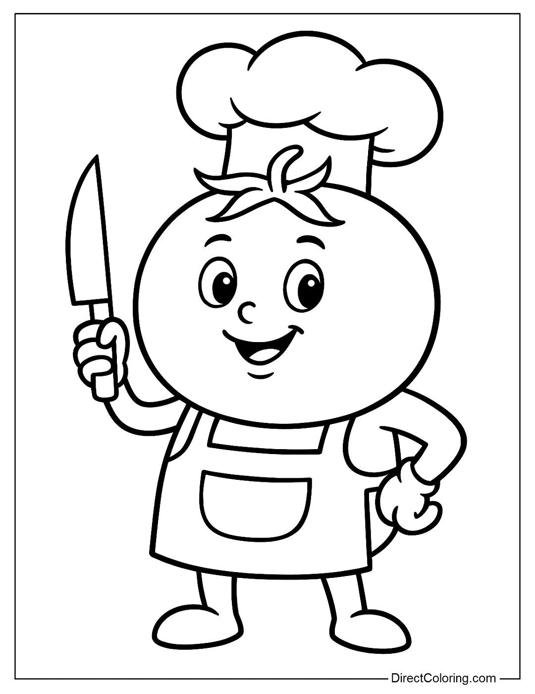 Chef Tomato Wearing Apron and Holding Knife Coloring Page
